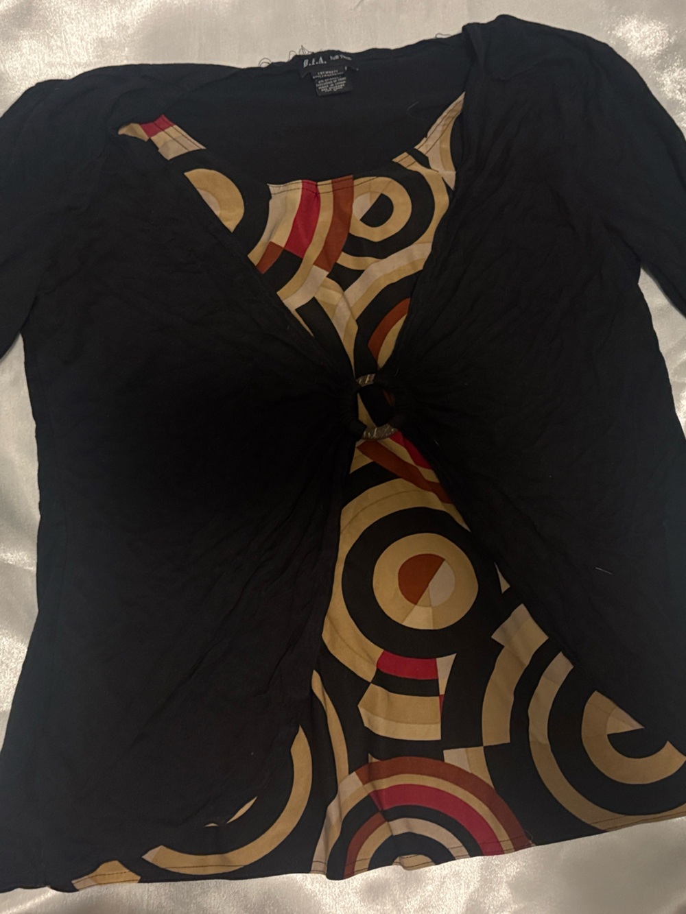 New York DFA. Women's Black Rayon Blend Blouse circle retro 70’s style